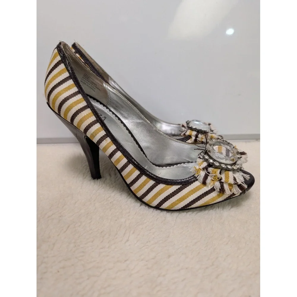 Tribeca Kenneth Cole Prime‎ Sailor Woven Striped Yellow y2k Diamond Heels 10